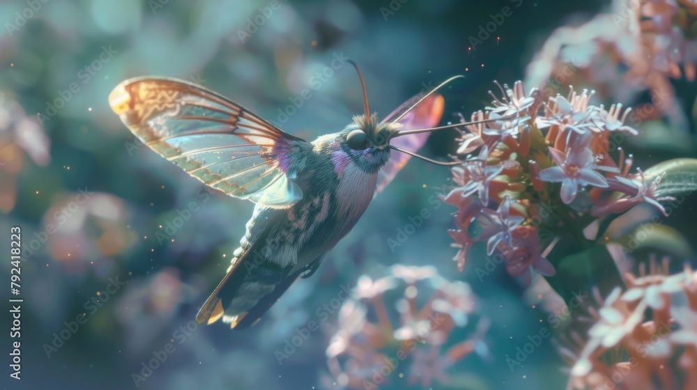 Poster Macro shot of a iridescent hummingbird moth hovering in mid-air, its transparent wings beating rapidly as it feeds on nectar