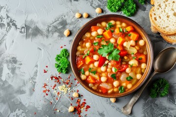 Tasty vegan soup with lentils chickpeas white beans carrots peppers and tomatoes in a bowl on a gray concrete background - obrazy, fototapety, plakaty