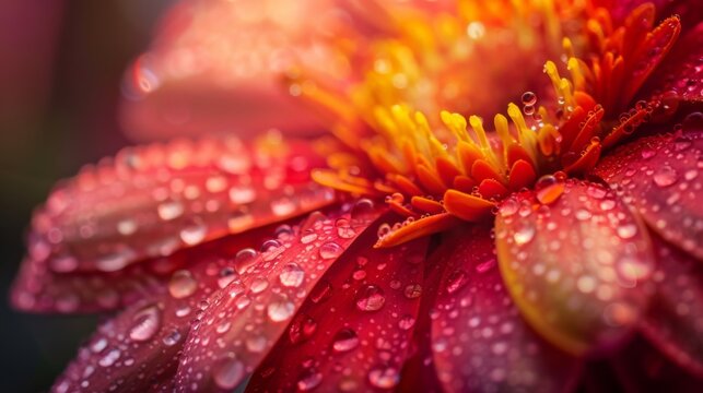 Macro shot of dewdrops clinging to the vibrant petals of a blooming flower