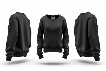 Template of a black women s sweatshirt shown from multiple angles on a white background