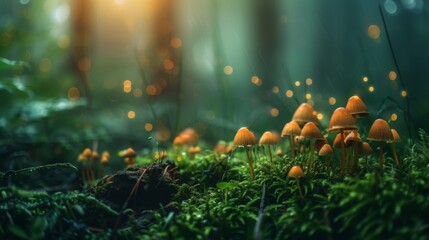 Macro shot of tiny mushrooms sprouting from a bed of moss in a secluded forest - obrazy, fototapety, plakaty