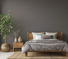 Fototapeta na wymiar Cozy bedroom interiors in light grey color with textured elements. Interior design composition.