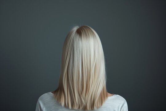 Text space available to showcase the outcome of hair bleaching on a straight haired blonde model seen from behind