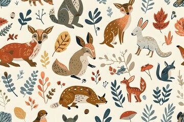 Fototapeta premium Enchanting Forest-Inspired Pattern: Featuring woodland creatures and natural elements, perfect for thematic environmental designs, embodies the Enchanting Forest-Inspired Pattern.