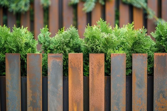 Texture of metal profiled fence with beautiful thuja occidentalis in urban landscaping background