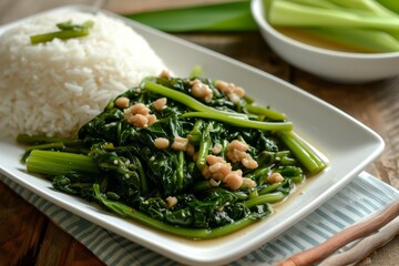 Thai Chinese pad pak boong a stir fried dish of water spinach in soybean paste served with brown...