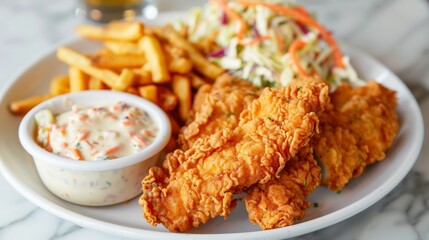Mouthwatering fried chicken tenders served with a side of creamy coleslaw and crispy fries.