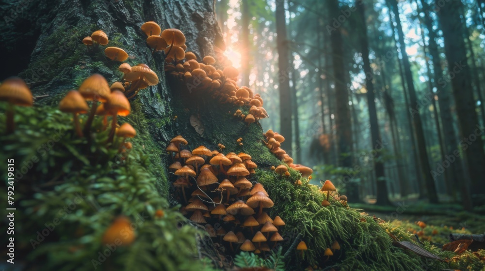 Aufkleber Mushrooms clustered around the base of a towering tree trunk in a pristine forest