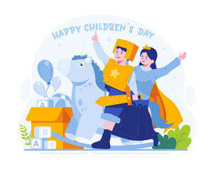 Children's Day concept illustration. Happy cute boy and girl are playing rocking horse as a prince knight and princess fairy tale