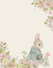 Holiday invitation, baby shower invitation, floral frame and cute animal, pastel colors