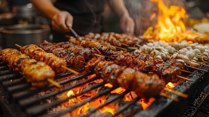 The Lively Street Food Scene: Sizzling Grills, Tantalizing Aromas, and a Bustling Market. Concept Street Food, Grilling, Aromas, Market, Food Scene - obrazy, fototapety, plakaty