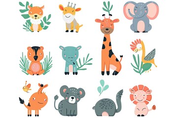 Obraz na płótnie Canvas A set of cute cartoon animals. Vector flat images of animals for postcards