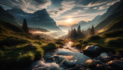 Majestic mountain landscape bathed in the golden hues of a sunrise, with wispy clouds dancing...