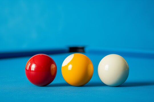 Three billiard balls on a blue table red yellow and white Playing three cushion carom billiards
