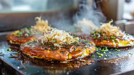 Okonomiyaki pancakes sizzling on a hot griddle, topped with savory sauces and bonito flakes