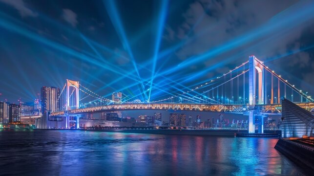 Panoramic view of a bridge illuminated by a spectacular light show, transforming the nighttime skyline into a work of art.