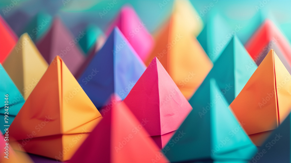 Poster abstract geometrical background with colorful paper pyramids. selective focus