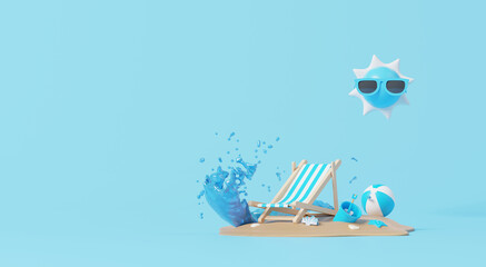 Fototapeta premium 3D render, minimal Travel Summer elements in holiday with empty space background, cosmetic scene for mock up, beach swim elements decoration, Holiday vacation concept.