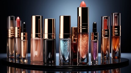 A variety of lipsticks and lip glosses in different shades and finishes. - obrazy, fototapety, plakaty