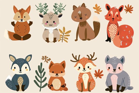A set of cute cartoon animals. Vector flat images of animals for postcards