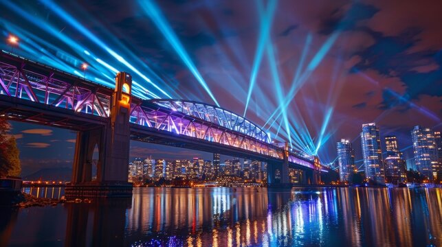 Panoramic view of a bridge illuminated by a spectacular light show, transforming the nighttime skyline into a work of art.