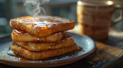 Delicious French toast with maple sirup on dark plate, next to a cup of fresh coffee. On bistro countertop. 