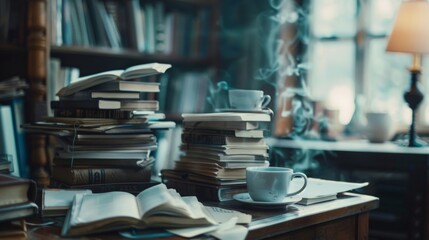 A dreamy defocused background of a writers sanctuary where the only distractions are the piles of books waiting to be devoured and the aroma of fresh coffee brewing in the background. . - obrazy, fototapety, plakaty
