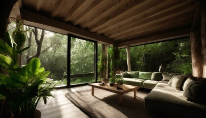 living room imagined in a tree house, lush green, modern minimalistic vibes table, interior, house, garden, home, window, chair, luxury, view, room, wood, restaurant, architecture - obrazy, fototapety, plakaty