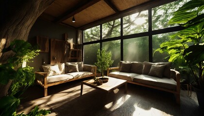 living room imagined in a tree house, lush green, modern minimalistic vibes table, interior, house, garden, home, window, chair, luxury, view, room, wood, restaurant, architecture - obrazy, fototapety, plakaty