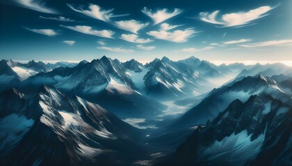 Snowy peaks pierce a crisp morning sky in a breathtaking alpine landscape - obrazy, fototapety, plakaty
