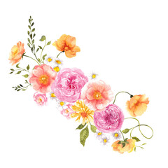 Watercolor hand draw floral bouquet in color of peach fuzz, peachy flowers, isolated on transparent background, PNG files, wedding invitations, card, posters. Botanical arrangements.