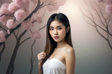 portrait of a asian woman healthy skin and hair with sakura background