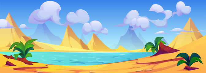 Fototapeta premium Desert landscape with dunes and lake. Cartoon vector illustration of empty drought sand scenery with hills, water pond or river with bushes on shore, blue sky with clouds on sunny summer day.