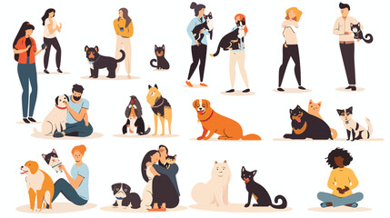 Set of happy pet owners with dogs and cats isolated