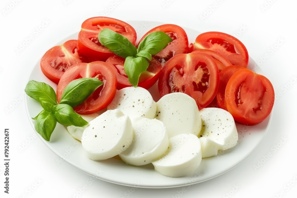 Poster tomato and mozzarella dish on white background