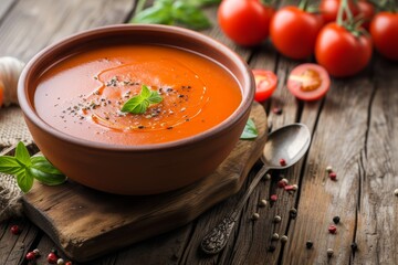 Tomato and carrot soup in a ceramic pot on a wooden background with space for text