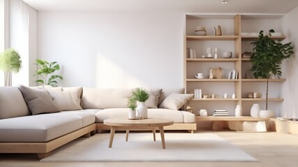 Modern interior in the living room layout with a white sofa, generative ai