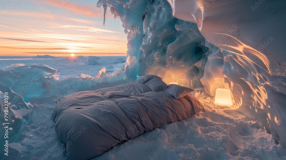 Poster as the sun sets over the glacial horizon the bed transforms into a warm and inviting haven illuminat