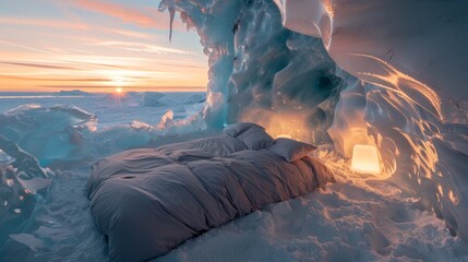 As the sun sets over the glacial horizon the bed transforms into a warm and inviting haven illuminated by a soft glow from beneath the translucent ice. 2d flat cartoon.