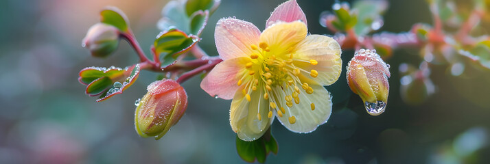 A small yellow and pink wildflower.There are two buds on the flower branch. There are three tender green leaves. The dewdrops are crystal clear. Ultra-high-definition vision, realism, and background b