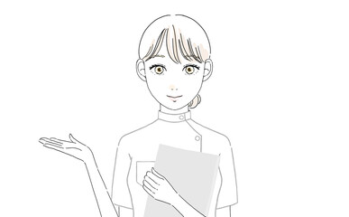 案内をする医療関係の女性（白いナースウェア）