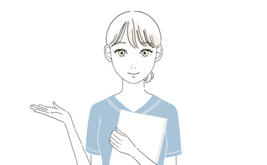 案内をする医療関係の女性（ブルーのスクラブ）