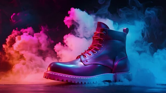 Vibrant Hues & Shoe in Smoky Artistry. Concept Colorful Styling, Artistic Footwear, Bold Photography, Smoke Effects, Vibrant Backgrounds
