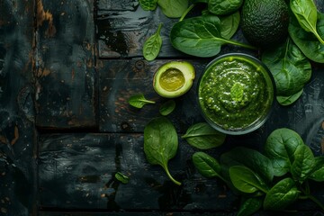 Obraz na płótnie Canvas Top view of a green smoothie made with avocado green fruits and spinach on a dark wooden background It represents detox dieting clean eating vegetarian vegan fi