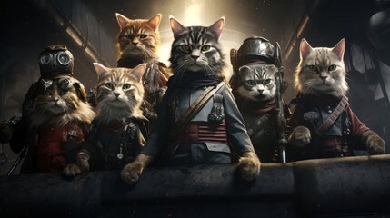 A group of cats dressed in military uniforms, standing on a platform and looking out at the horizon. - obrazy, fototapety, plakaty