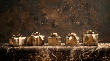 elegant shopping concept background with a row of gift boxes wrapped in gold paper on a velvet surface, presented in detailed full ultra HD high resolution.