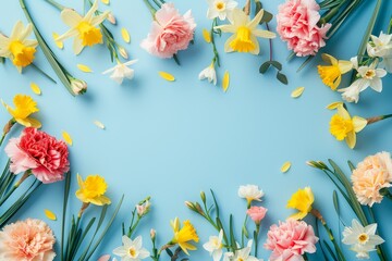 Top view of daffodils and carnations on colored background with copy space