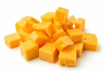 Top view of cubed cheddar cheese isolated on white