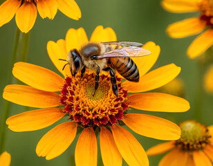 Bee (apis mellifera) on helenium flowers - close-up