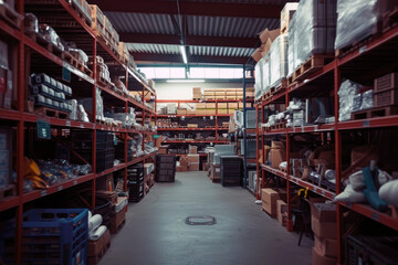 Warehouse interior with shelves full of goods. Shallow depth of field.